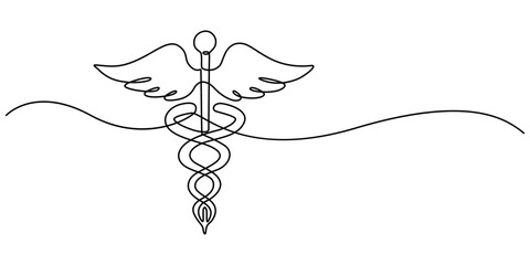 Medical symbol caduceus. Continuous One line drawing, One Continuous line drawing of Caduceus as a symbol of medicine. Thin curls and romantic symbols in simple linear style. Minimalistic Doodle pro.