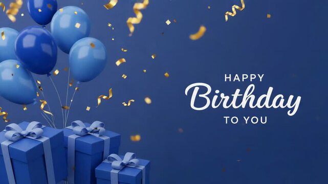 Blue birthday theme with balloons presents and confetti falling down for a happy celebration day