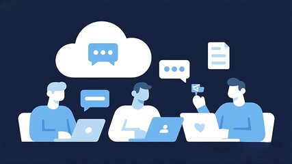 Three People Collaborating on Laptops with a Cloud Computing Symbol and Chat Bubbles Representing Digital Communication and Data Sharing, 4k