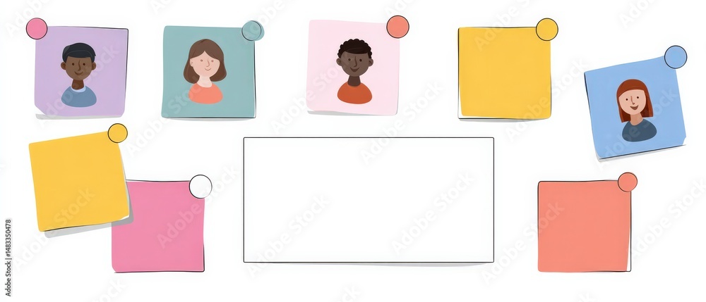 Poster colorful diverse team members on sticky notes with empty whiteboard for brainstorming concept of tea