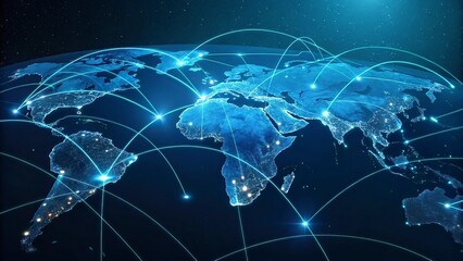 World map on a technological background, glowing lines symbols of the Internet, world map newtwork.