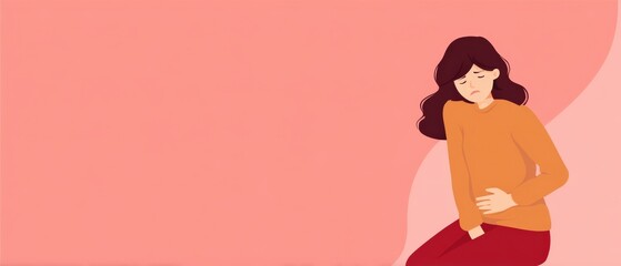 Young woman with stomach pain, holding abdomen with sad expression Concept of menstrual cramps, digestive problems, and healthcare