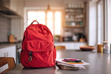 Red Backpack and School Supplies on Kitchen Table with Sunlit Background