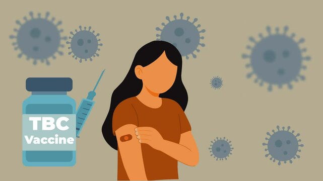 Animation of a girl after receiving a tuberculosis (TBC) vaccine, showing medical elements like syringe, vial, and virus icons to promote immunization awareness.