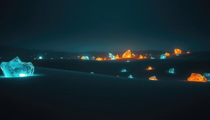Glowing crystal landscape, neon gemstones in futuristic desert, abstract science