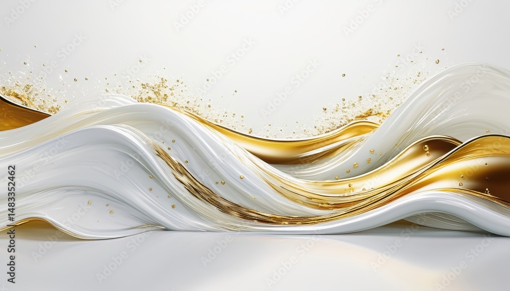 Poster  fluid white and gold abstract wave with glossy metallic textures and particle splashes for luxury branding, web design, or product backdrop