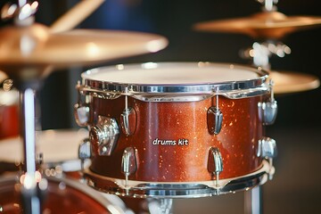 Naklejka premium Close-up of professional drum kit with sparkling brown finish and cymbals in studio lighting