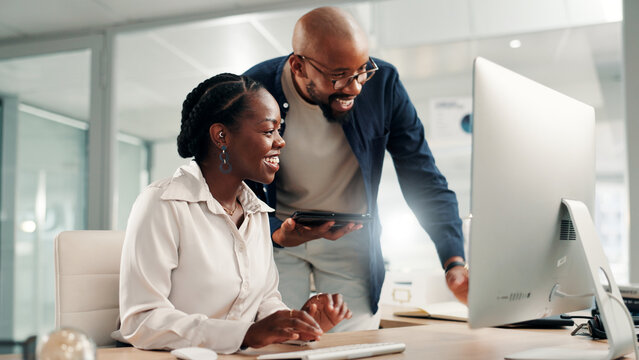 Computer, teamwork and review with business people in office for accounting discussion, audit feedback or talk. Tech, portfolio manager and collaboration with man, woman and finance agency report