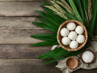 Round white dumplings in a bamboo basket on a wooden table.