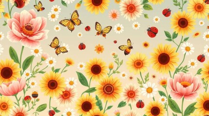 Vibrant Summer Floral Pattern with Butterflies and Ladybugs