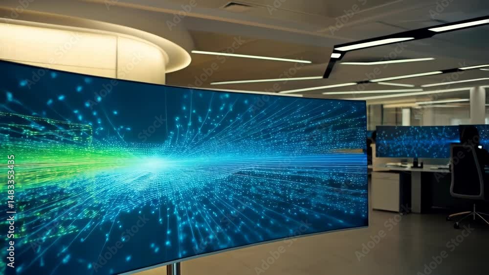 Aufkleber large curved monitor displays digital network information within a modern office space with workstat