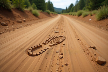 A single boot print is imprinted on the dusty brown earth of an off-road hiking trail.