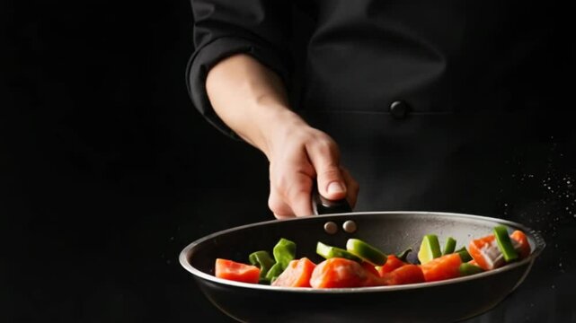 Chef tossing vegetables in a wok with a black background in a dynamic cooking shot with food flying