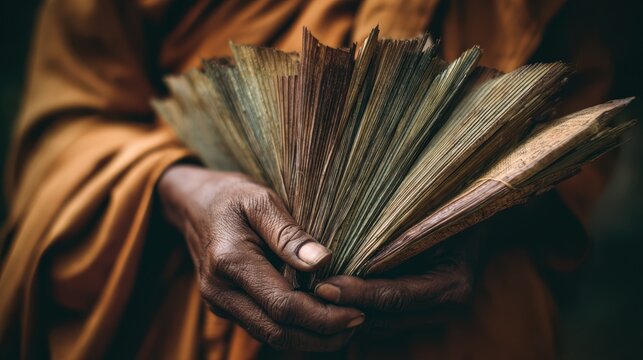 Monk's Hands Holding a Stack of Ancient Palm Leaf Manuscripts A Close Up Image of Religious Texts