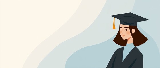 Smiling young woman graduate in graduation gown and cap, celebrating academic achievement and educational success with copy space