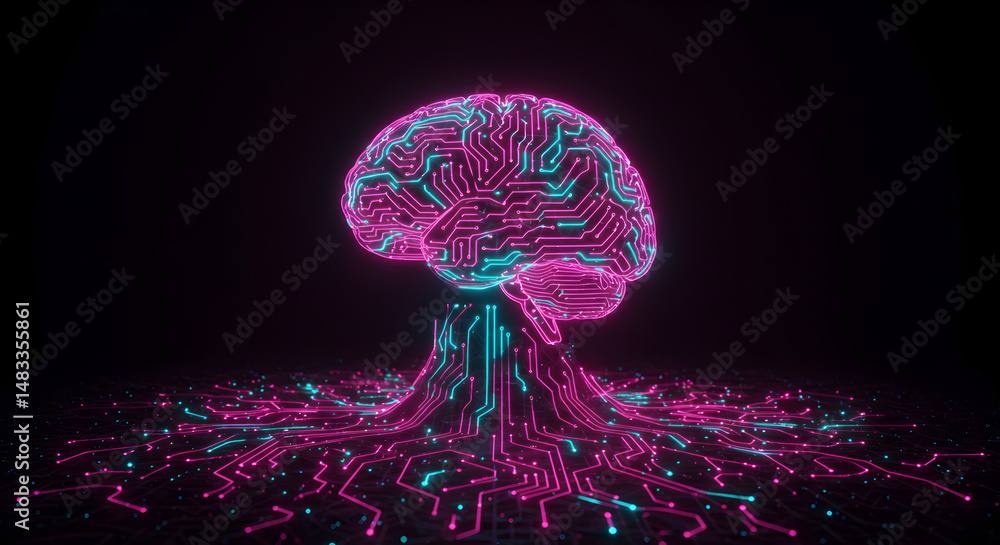 Aufkleber glowing brain circuitry with pink and cyan colors against a dark background depicting artificial int