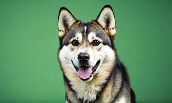 Smiling Husky Dog Portrait: A charming husky dog with striking black and white fur, looks directly at the camera with a happy expression, set against a vibrant green background.
