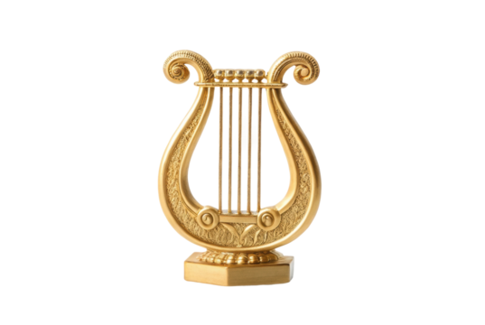 PNG Golden lyre on stand with ornate design and strings
