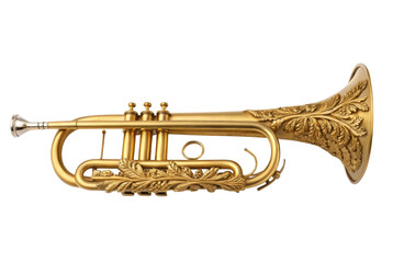 Fototapeta premium PNG Ornate golden trumpet with intricate leaf designs on bell and tubing