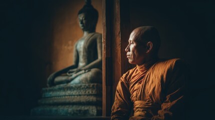 Naklejka premium Contemplative Buddhist Monk Sitting Near Ancient Buddha Statue in Temple Peaceful Spirituality and Meditation Scene