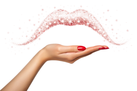 PNG Female hand balancing pink glitter mustache with red nails and star accents
