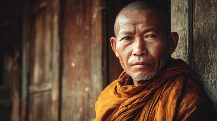 Naklejka premium Serene Buddhist Monk Portrait Peaceful Asian Man in Traditional Saffron Robe