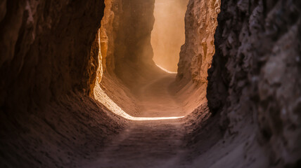 A narrow, rugged pathway surrounded by towering rock formations on either side.