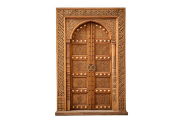 PNG Intricately carved wooden door with ornate geometric patterns and metallic accents