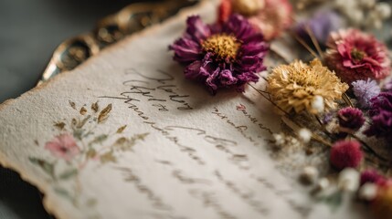 Fototapeta premium Vintage Handwritten Letter Decorated with Dried Flowers Romantic Wedding Stationery Closeup