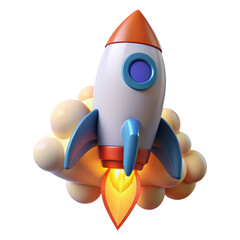 A cartoon rocket takes off with flames and smoke, featuring blue fins and an orange nose cone.