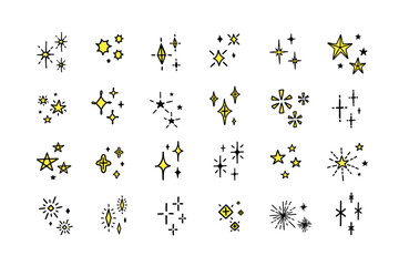 Stars and sparkle doodle. Shiny yellow star, glitter spark and magic twinkle, cartoon hand drawn sketch, light line art. Stars and sparkle doodle. Vector icons set