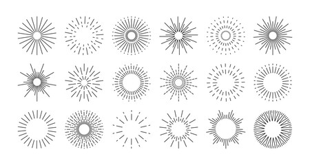 Line fireworks. Starburst, shining sun ray icons, radial spark and sunburst simple sign. Line art festive fireworks for New Year and Independence Day celebration. Vector set