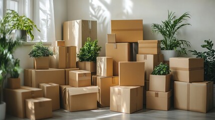 Moving day preparations.  Packed boxes, plants, sunlight