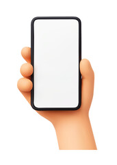 3d hand holding smartphone. Cartoon male hand holds phone with blank screen. Vector cellphone mockup for presentations, UI design and app promotion. Realistic render