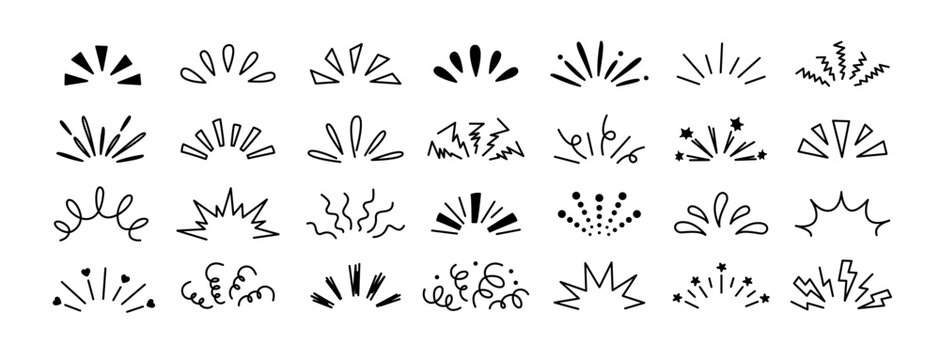 Doodle explosion. Comic burst manga elements. Radial line rays, hand drawn shine, idea, surprise and exclamation symbol. Explosion frames, retro cartoon outline vector set