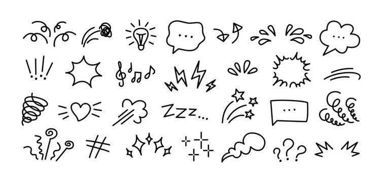 Manga expression. Emotion and motion comic hand drawn elements. Speech bubbles, stars and swirls, lightning and music sound minimal icons for comics and media. Vector set