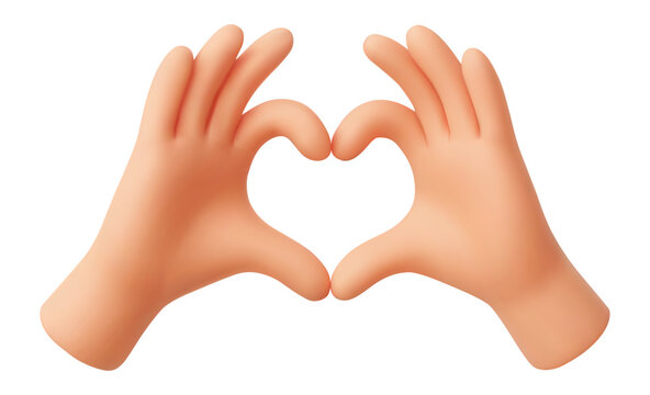 Heart 3d hand gesture emoji. Cartoon hands make heart shape together. Romantic Love, unity and care, compassion positive sign. Vector realistic smooth render icon