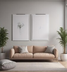 Modern minimalist living room, poster mockup hanging on clips ,  hanging,  interior,  white