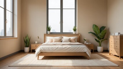 Modern Scandinavian Bedroom Interior with Soft Beige Tones and Natural Light