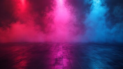Empty stage illuminated by vibrant pink and blue lights.