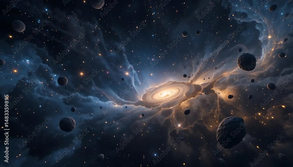 Poster surreal galaxy scene with a glowing spiral galaxy and floating asteroids in deep space nebula