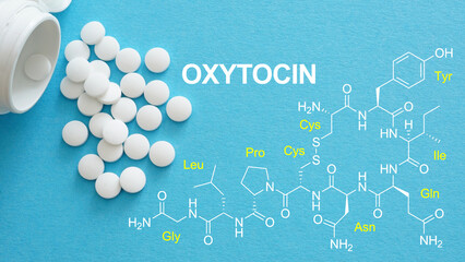 Biochemist oxytocin hormone in chemical biotechnology. Oxytocin in Medical pills in RX prescription drug bottle