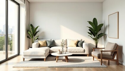 Modern minimalist living room interior design vector illustration, featuring clean lines and neutral tones , drawing, floor