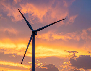 Wind turbines in the evening with an orange sky in the background