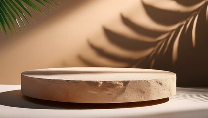 sandstone podium for luxury product placement with palm leaf shadow in background natural stone material scene minimal luxury aesthetic