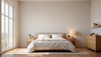 Modern Scandinavian Bedroom Interior with Soft Beige Tones and Natural Light