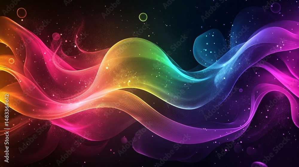 Poster colorful abstract waves blend together creating a vibrant display of light and energy in a dark back