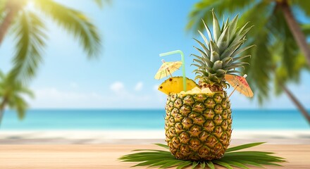 Piña colada cocktail served in a hollowed-out pineapple with tropical umbrella and fruit garnish, perfect exotic summer drink enjoyed on a sunny beach or by the pool