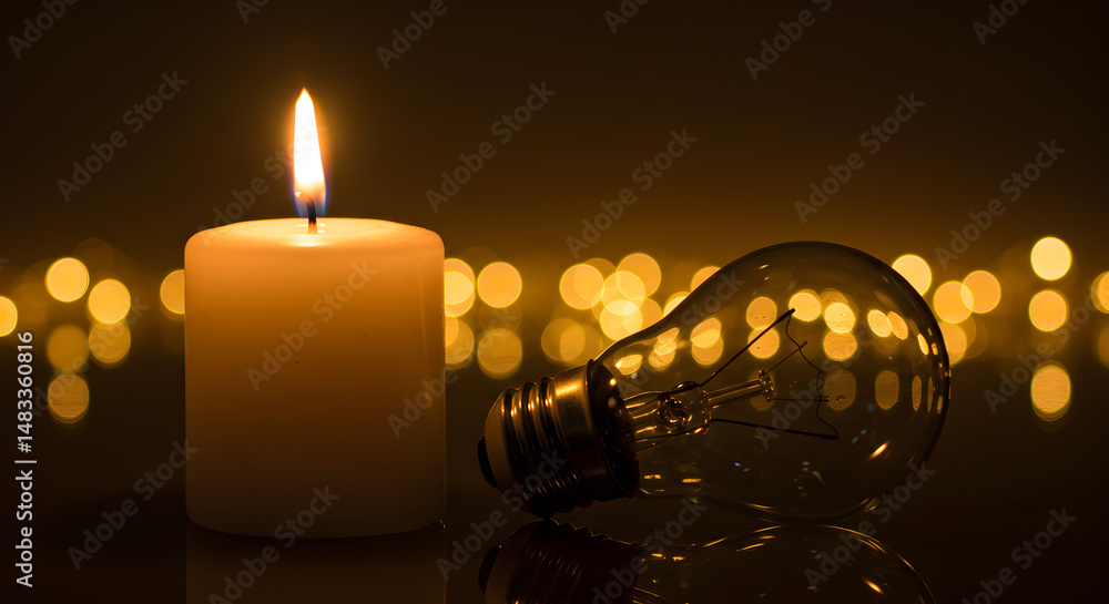 Poster illuminated candle beside light bulb with soft bokeh background in golden light reflecting on black 