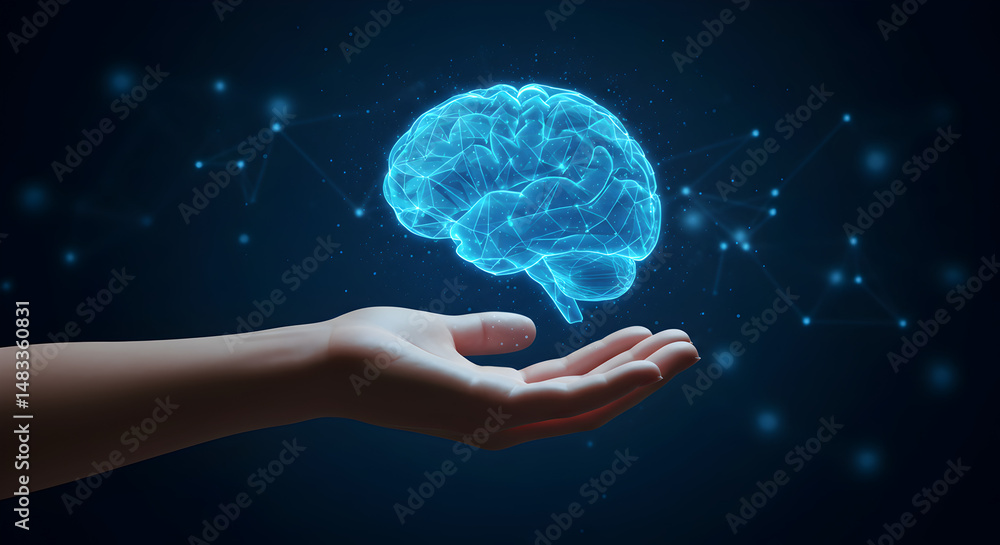 Poster illuminated brain hologram floating above an open hand signifying intelligence technology and neural